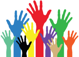 Multi-colored hands reaching upward