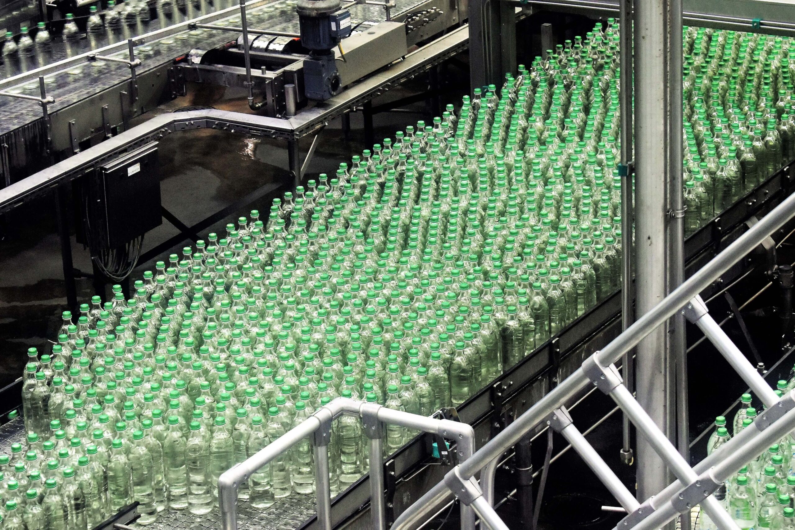 Assembly line with bottles.