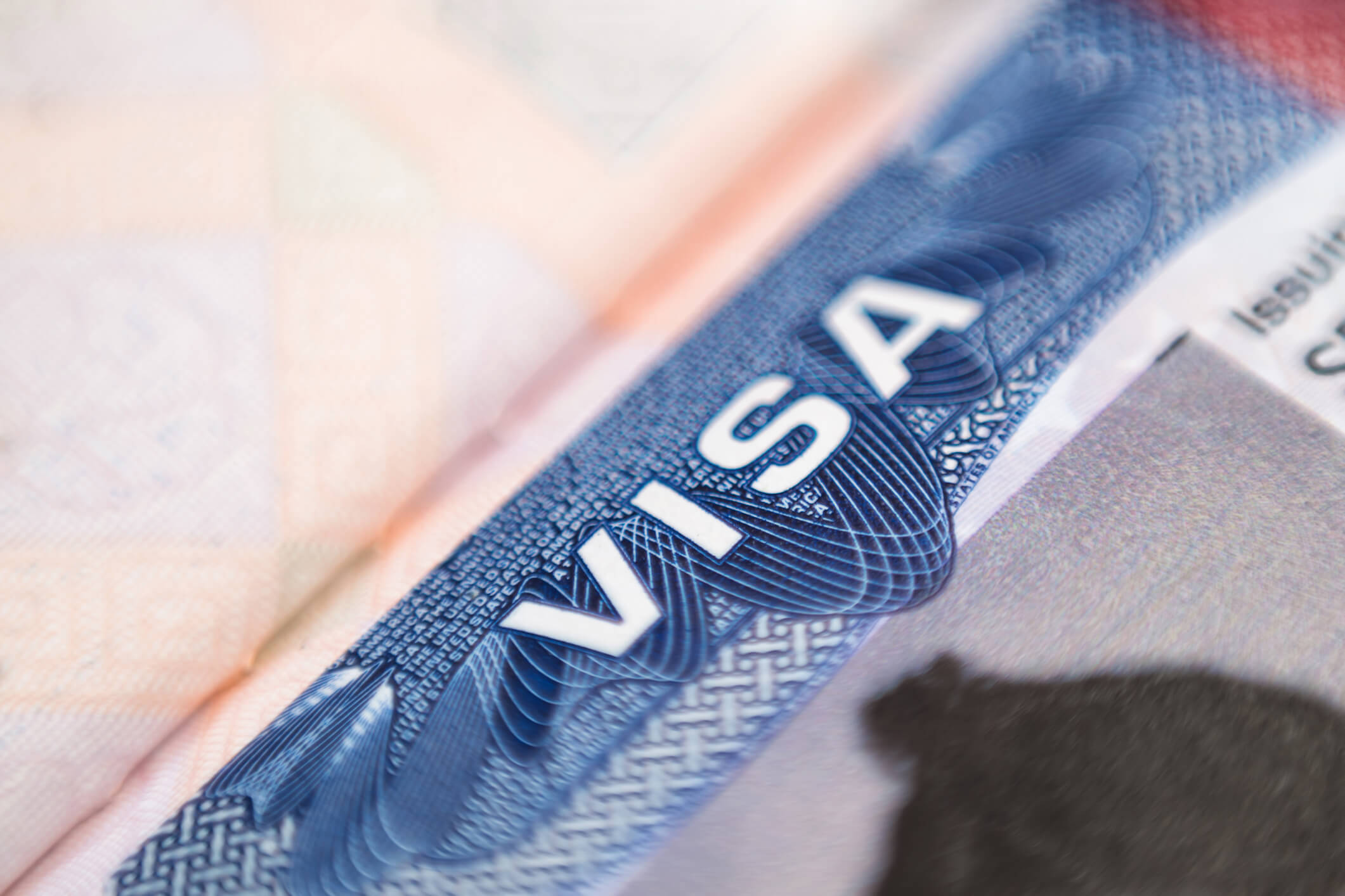 Close up of American visa label in passport. Shallow depth of field.