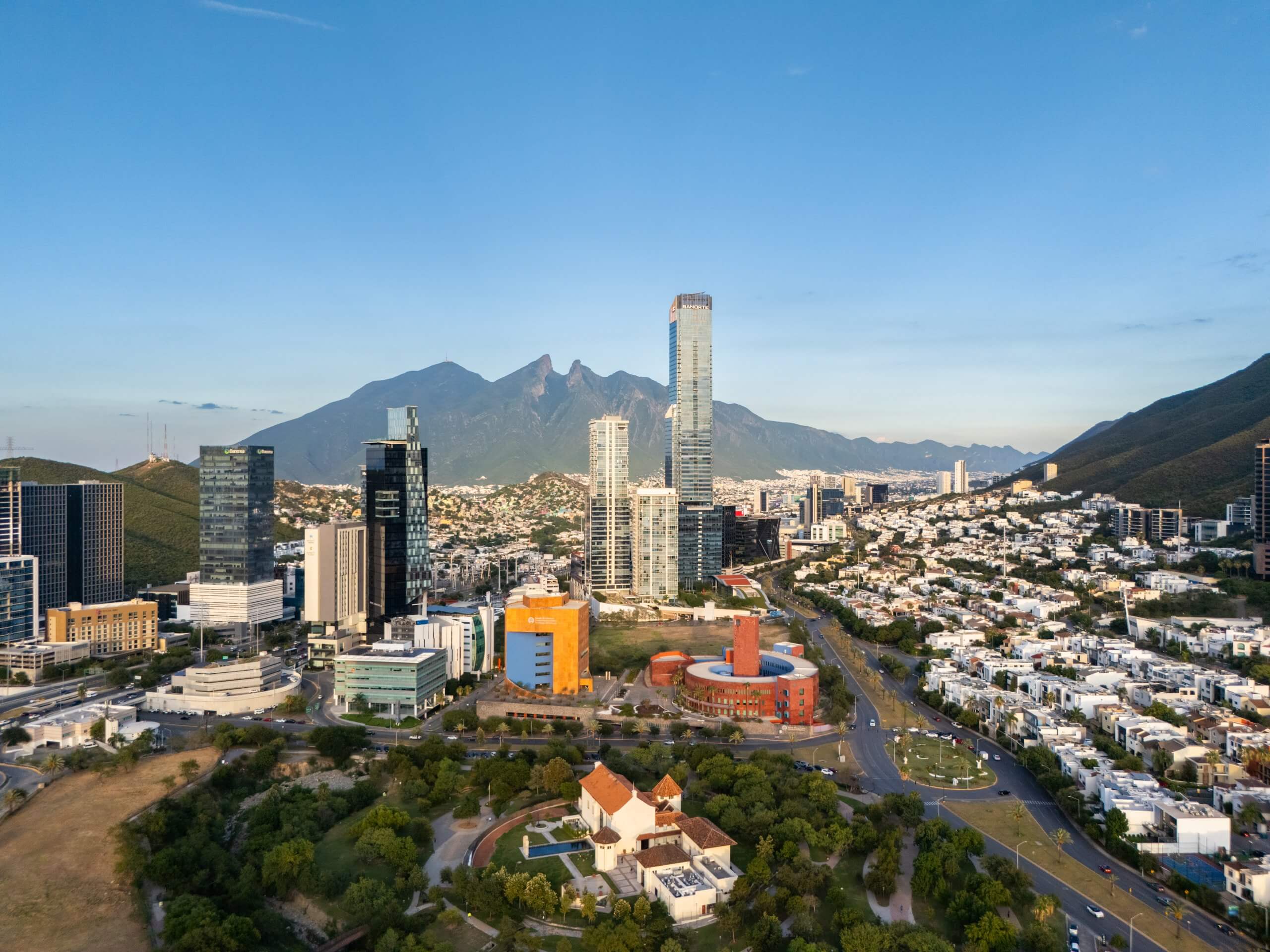 Aerial view of Cerro de la Silla, Saddle Hill, overlooking the financial district of the city of Monterrey, Mexico