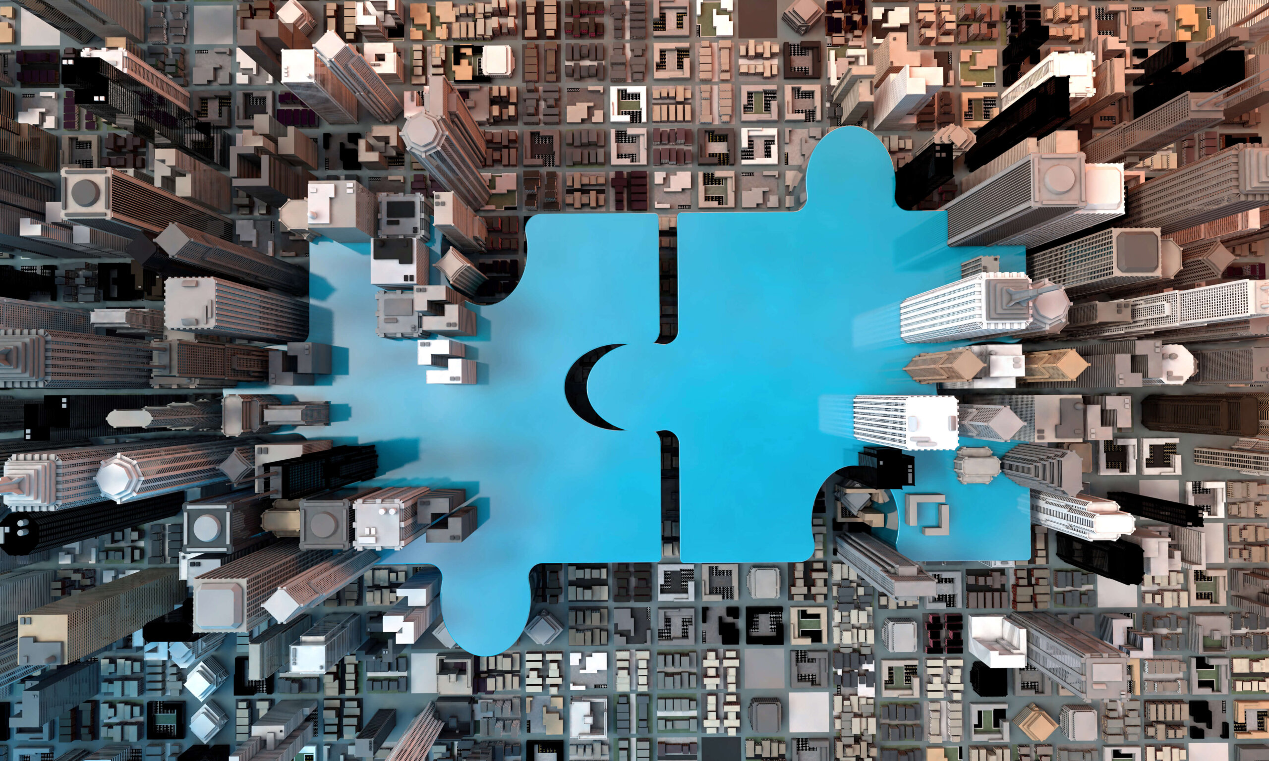 Skyline from bird's eye view with graphic of two blue puzzle pieces.